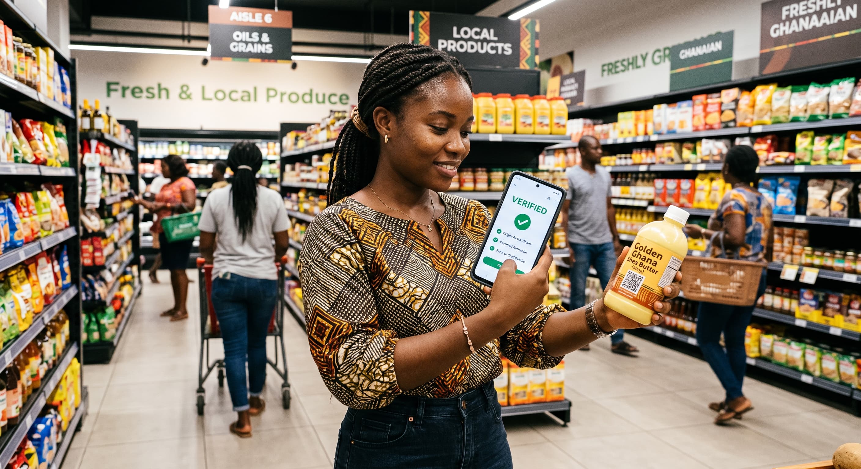 AI-generated scene of a shopper viewing a simulated product-verification screen on a phone.