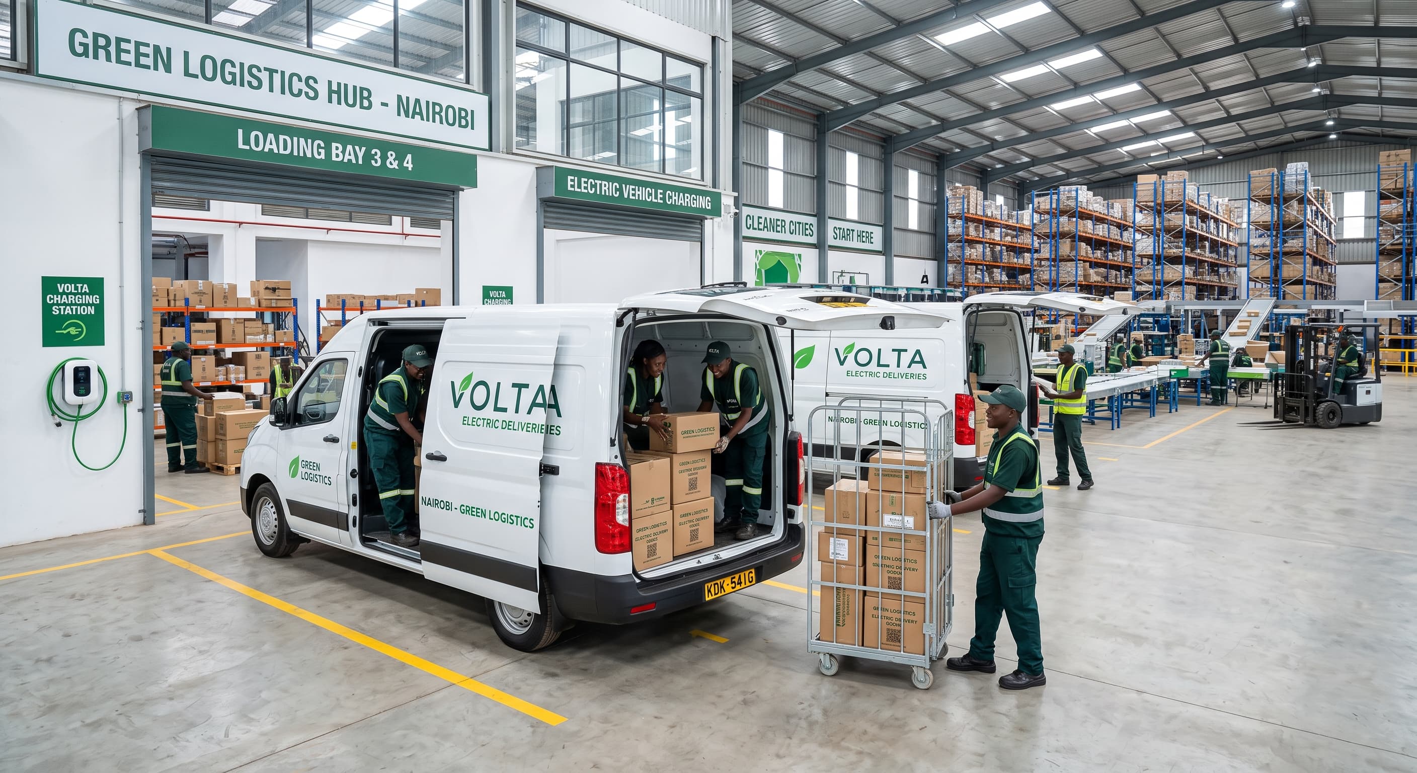 AI-generated concept of electric delivery vans being loaded inside a logistics warehouse.