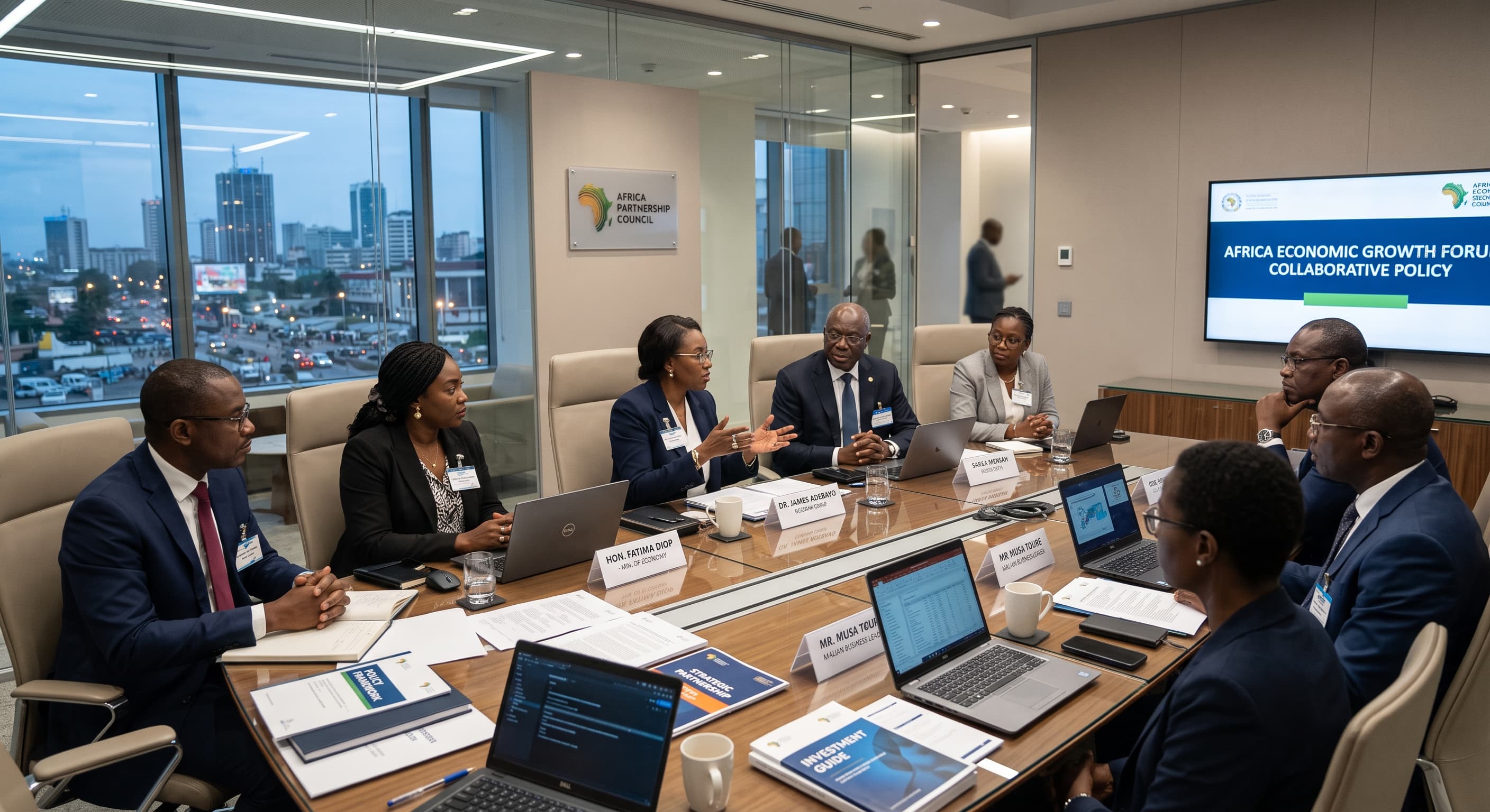 Scène générée par IA de participants institutionnels discutant d’un programme autour d’une table de réunion.