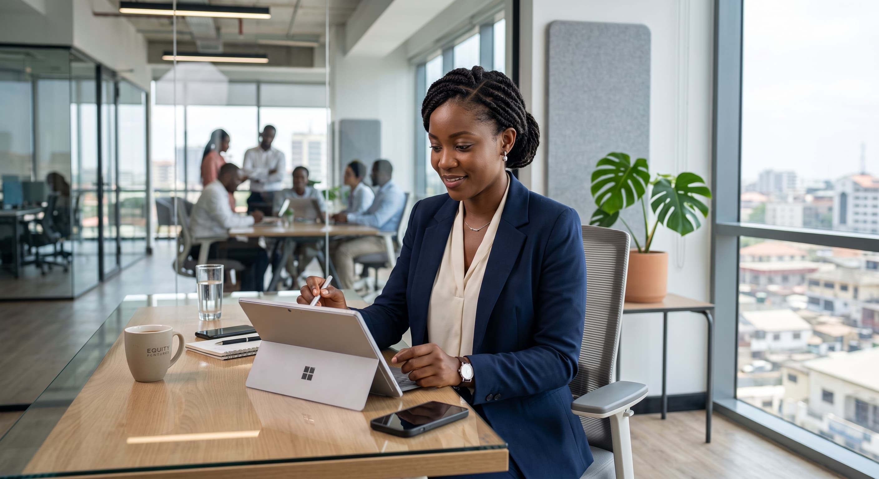 AI-generated scene of a professional working with a tablet in a modern office.