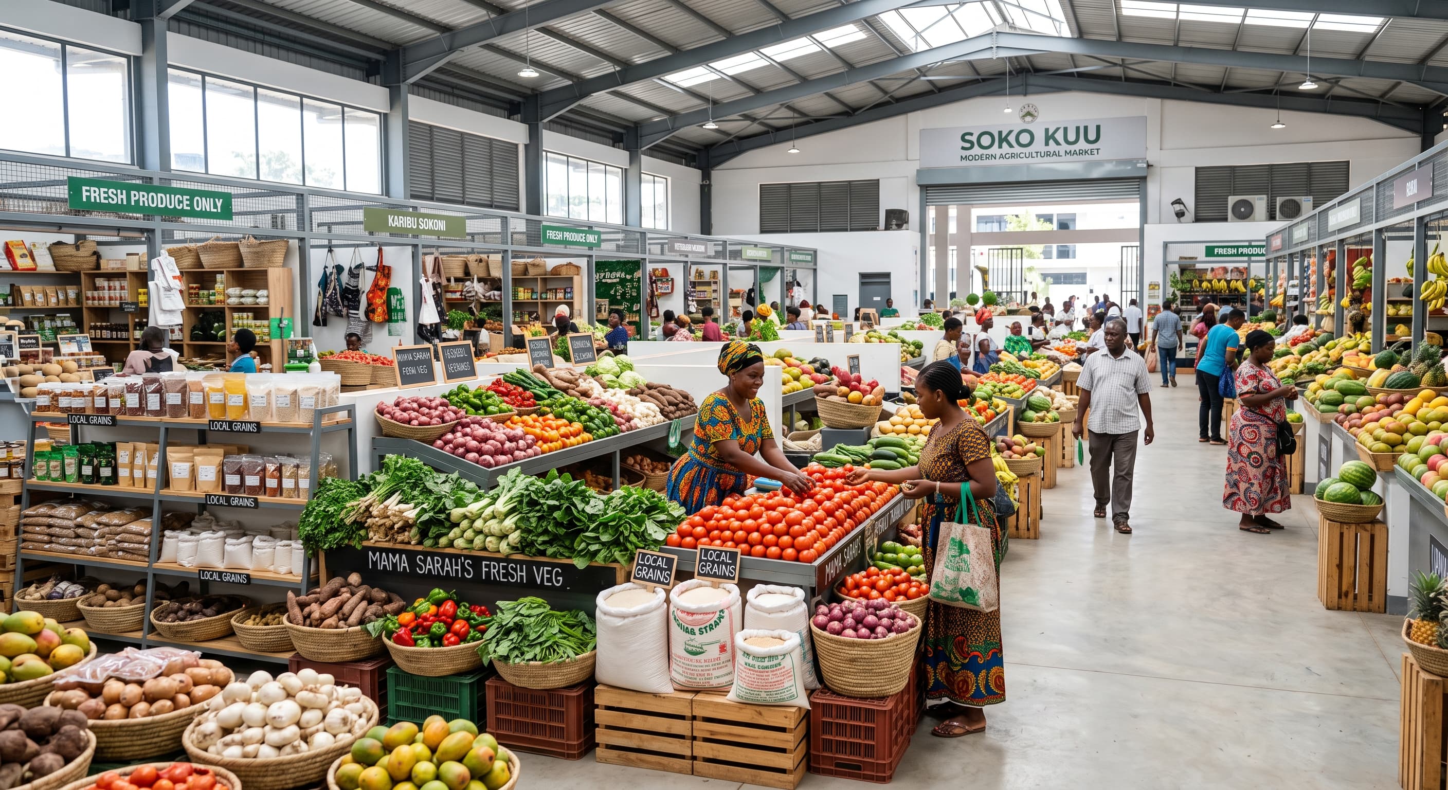 AI-generated concept of an indoor produce market with stalls, sellers and shoppers.