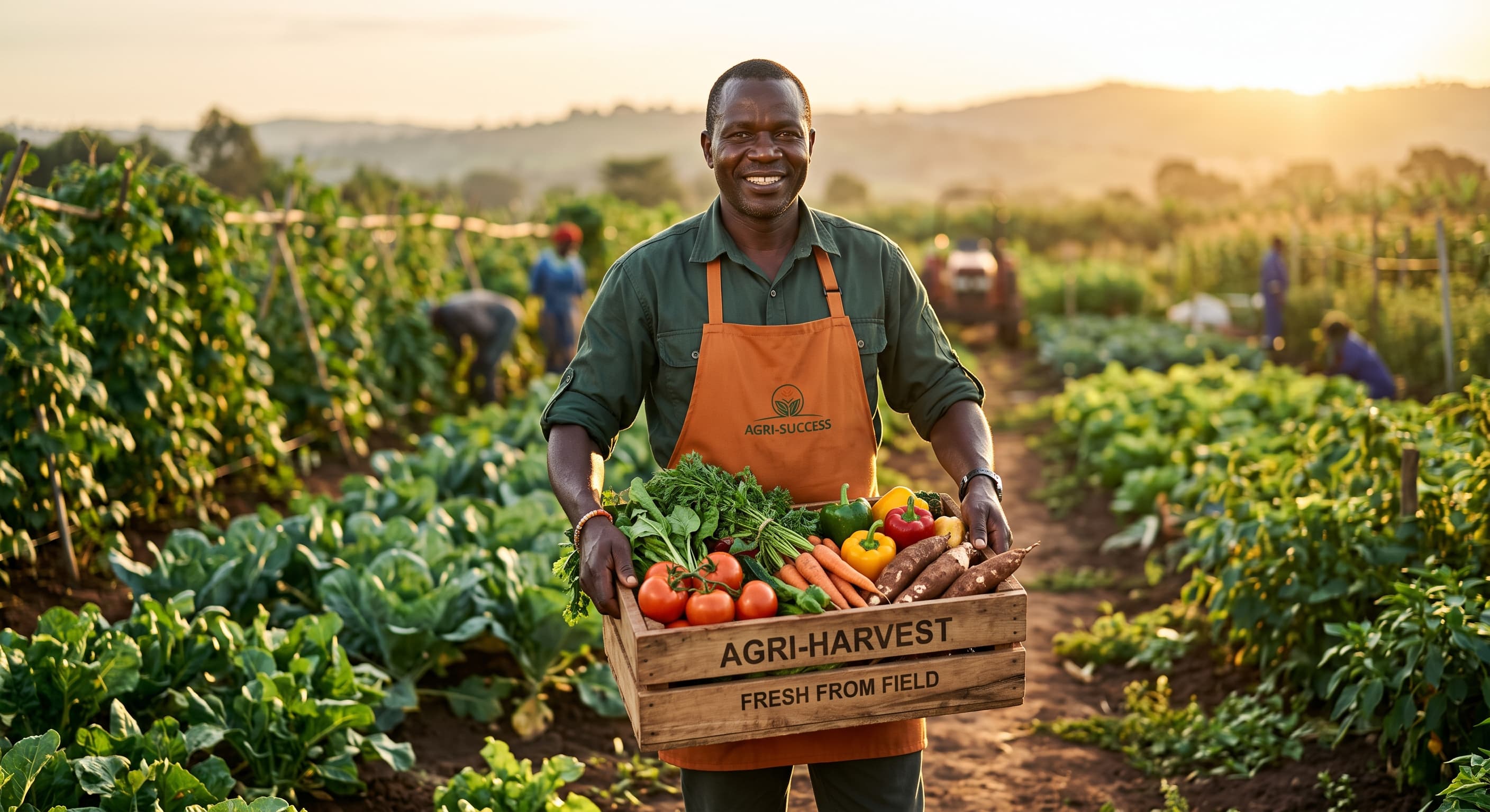 AI-generated scene of a farmer holding a crate of fresh vegetables in a field at sunrise.