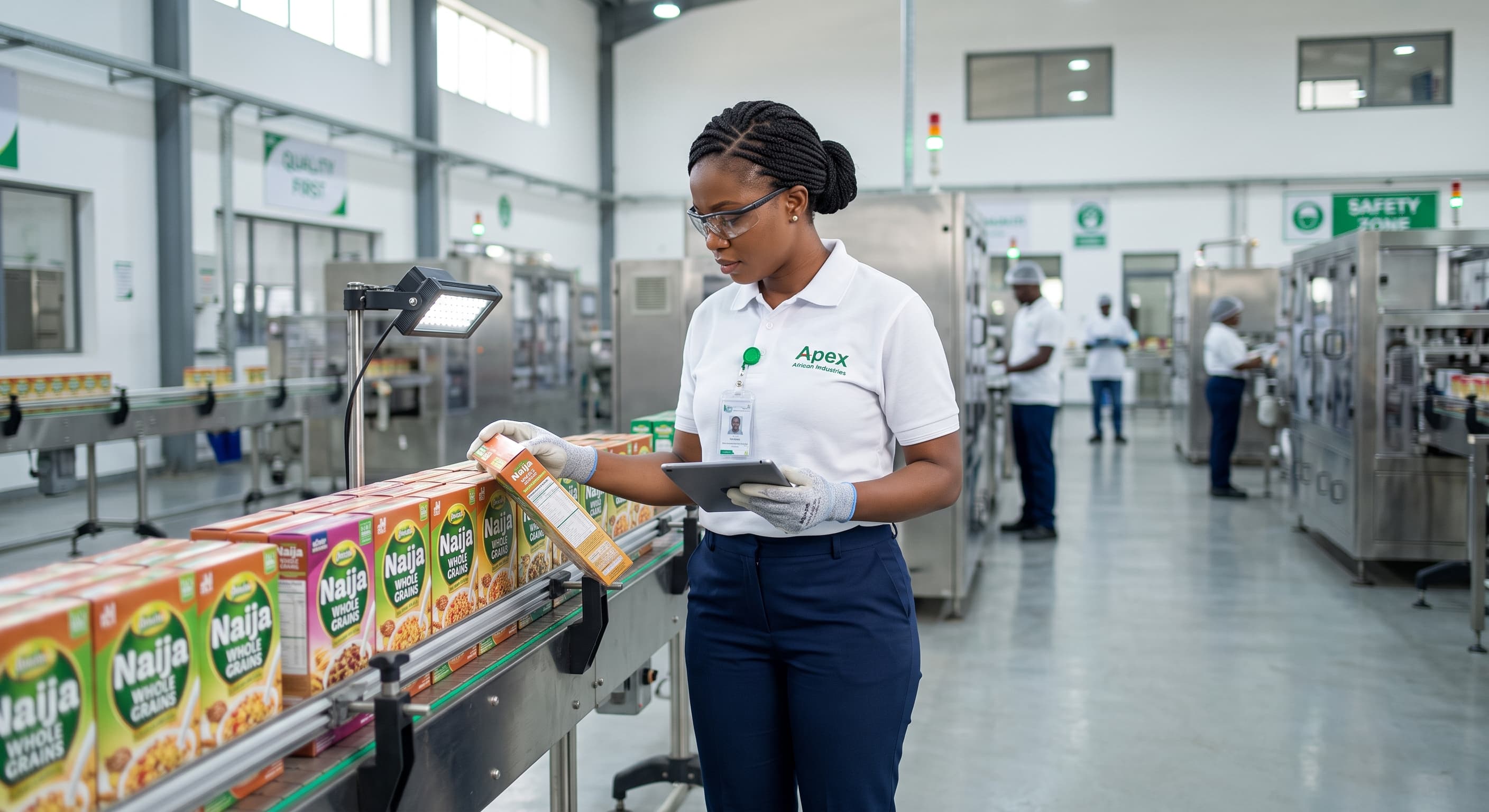 AI-generated scene of a quality inspector checking a packaged product with a tablet on a production line.