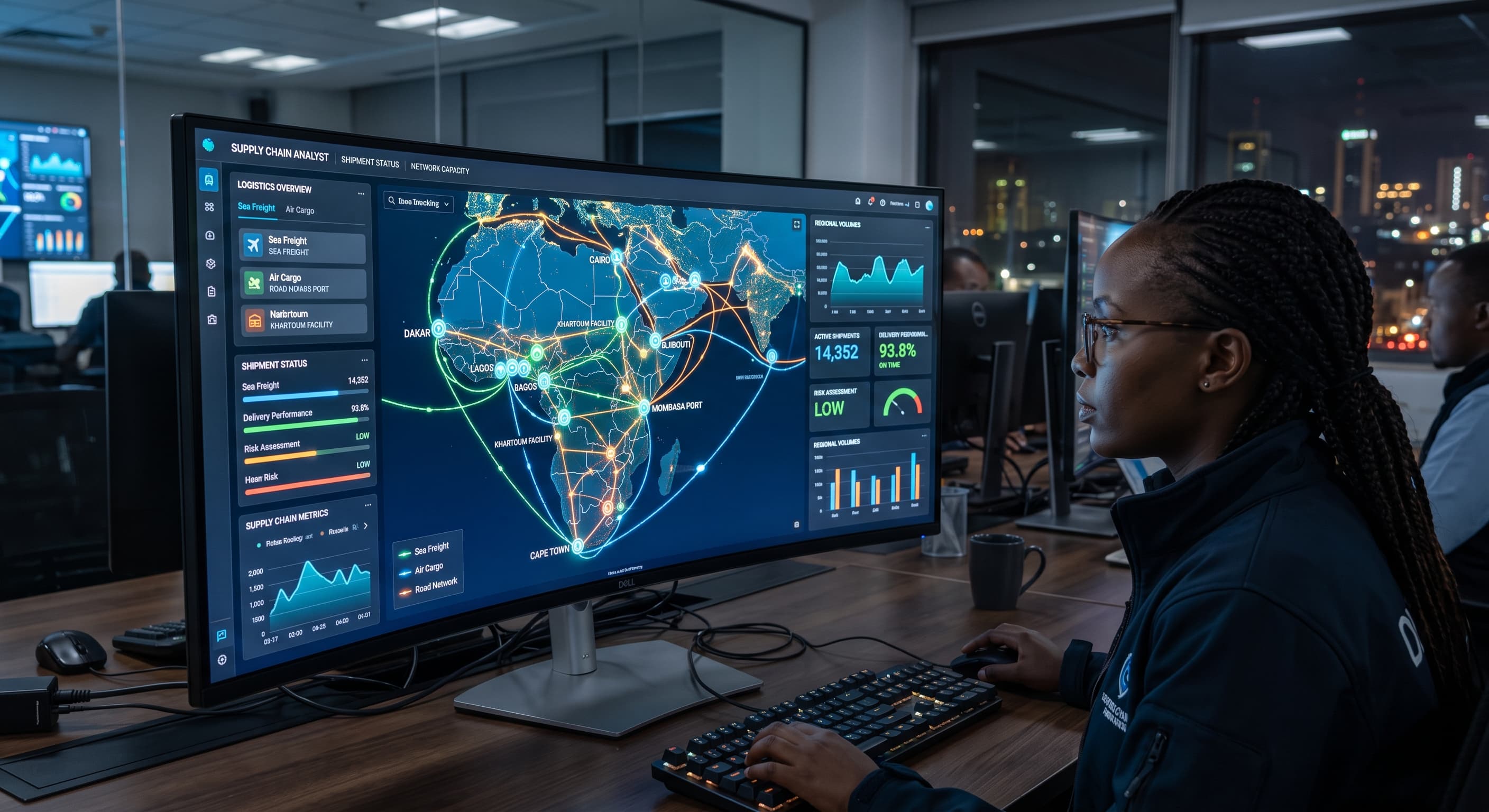 AI-generated scene of an analyst viewing an illustrative African supply-chain map and dashboard.