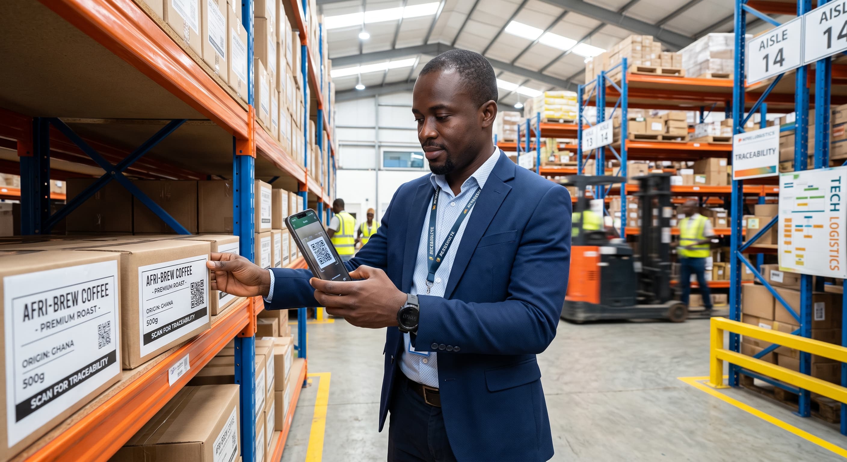 AI-generated scene of a professional scanning a product QR code in a warehouse.
