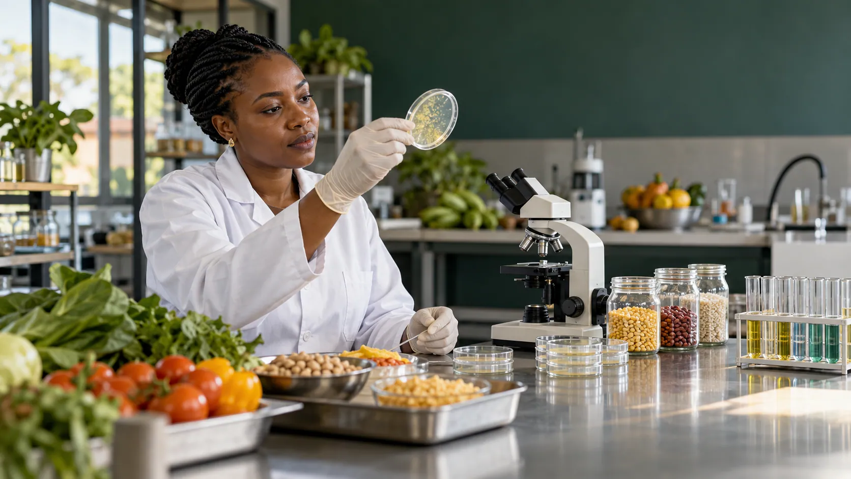 A technician examines food samples in a laboratory.
