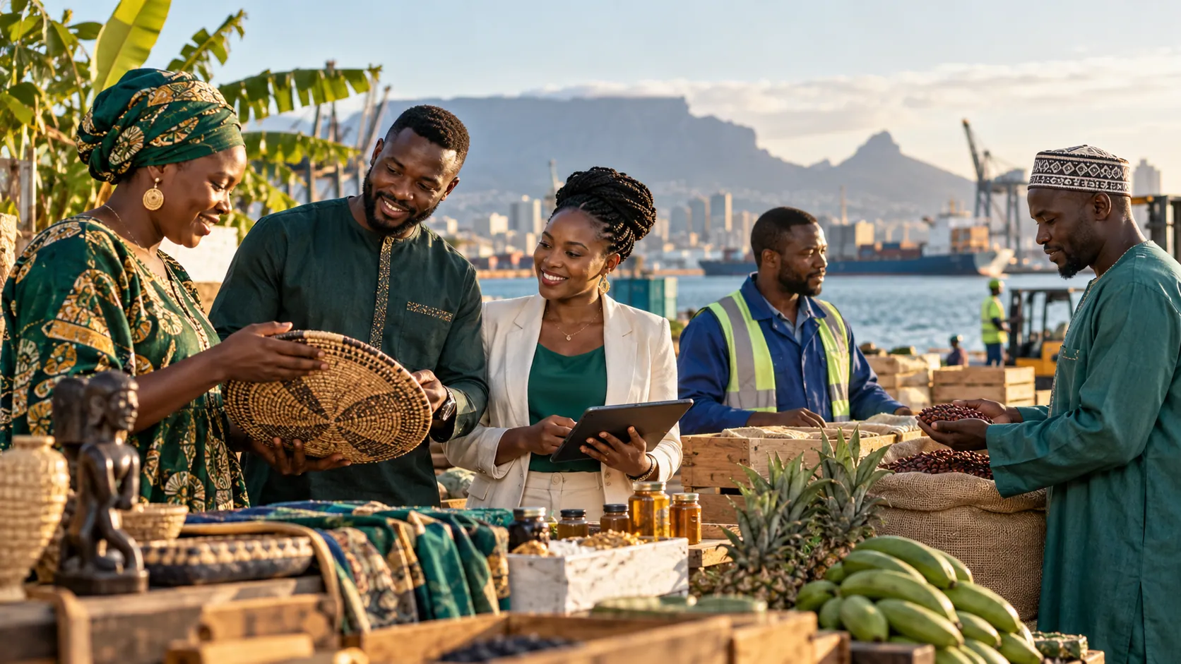 African trade participants exchange ideas around local products.