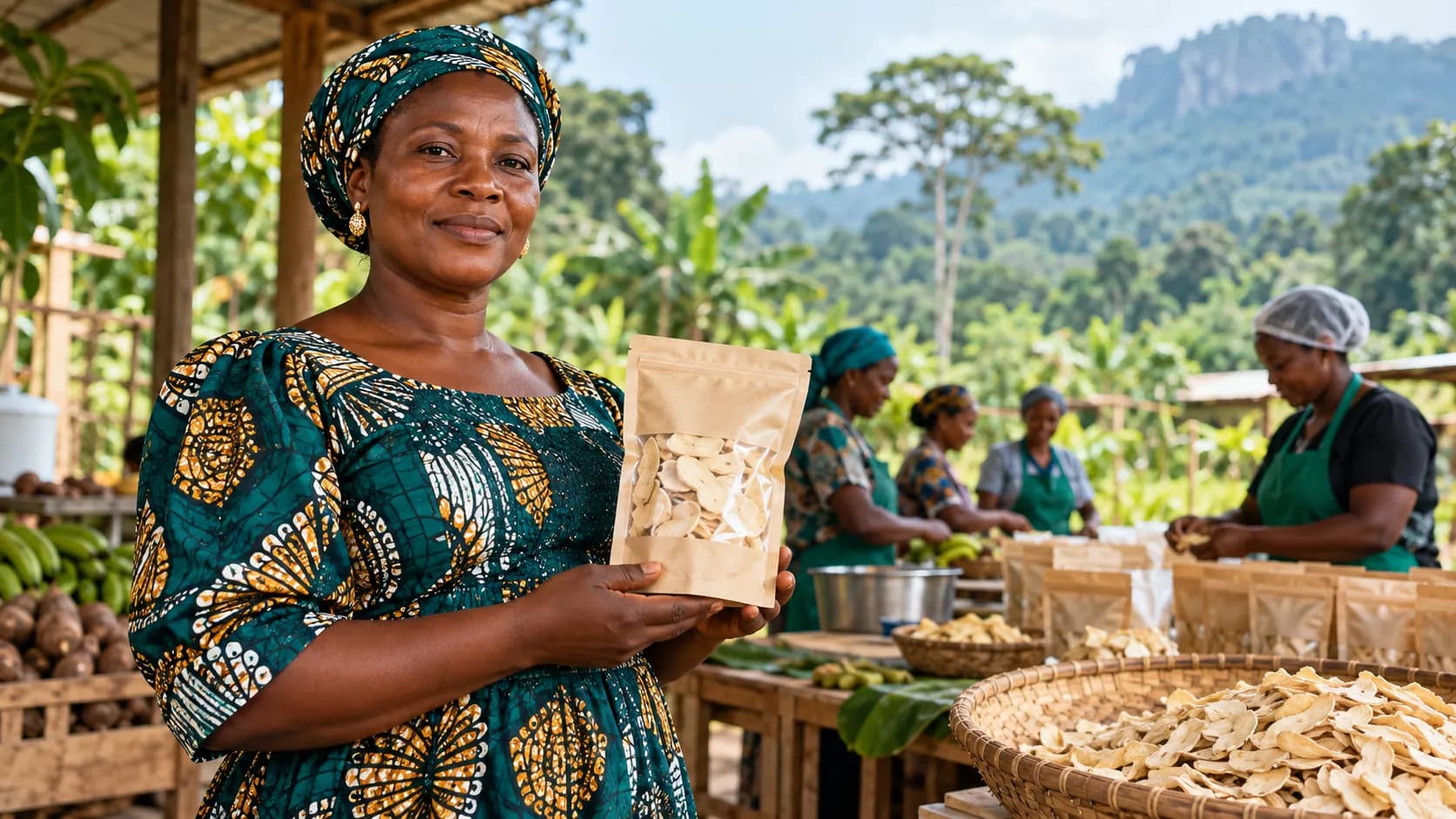 Une productrice camerounaise présente un produit local conditionné.