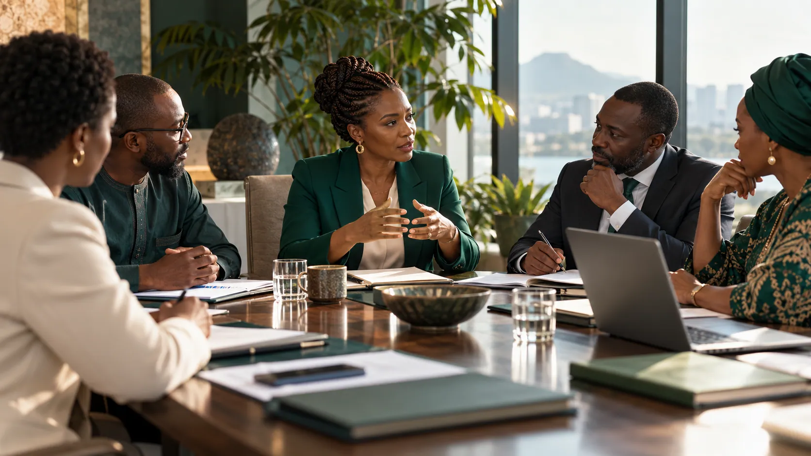 Professionals discuss trade priorities around a table.
