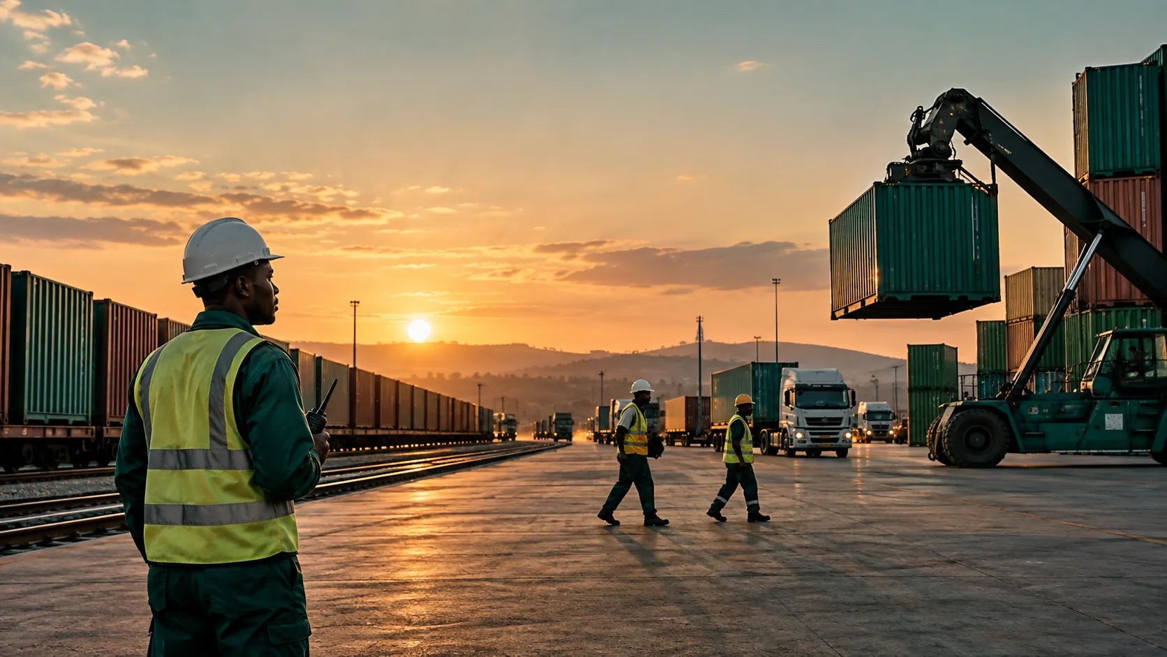 Workers operate at an inland logistics hub at sunset.